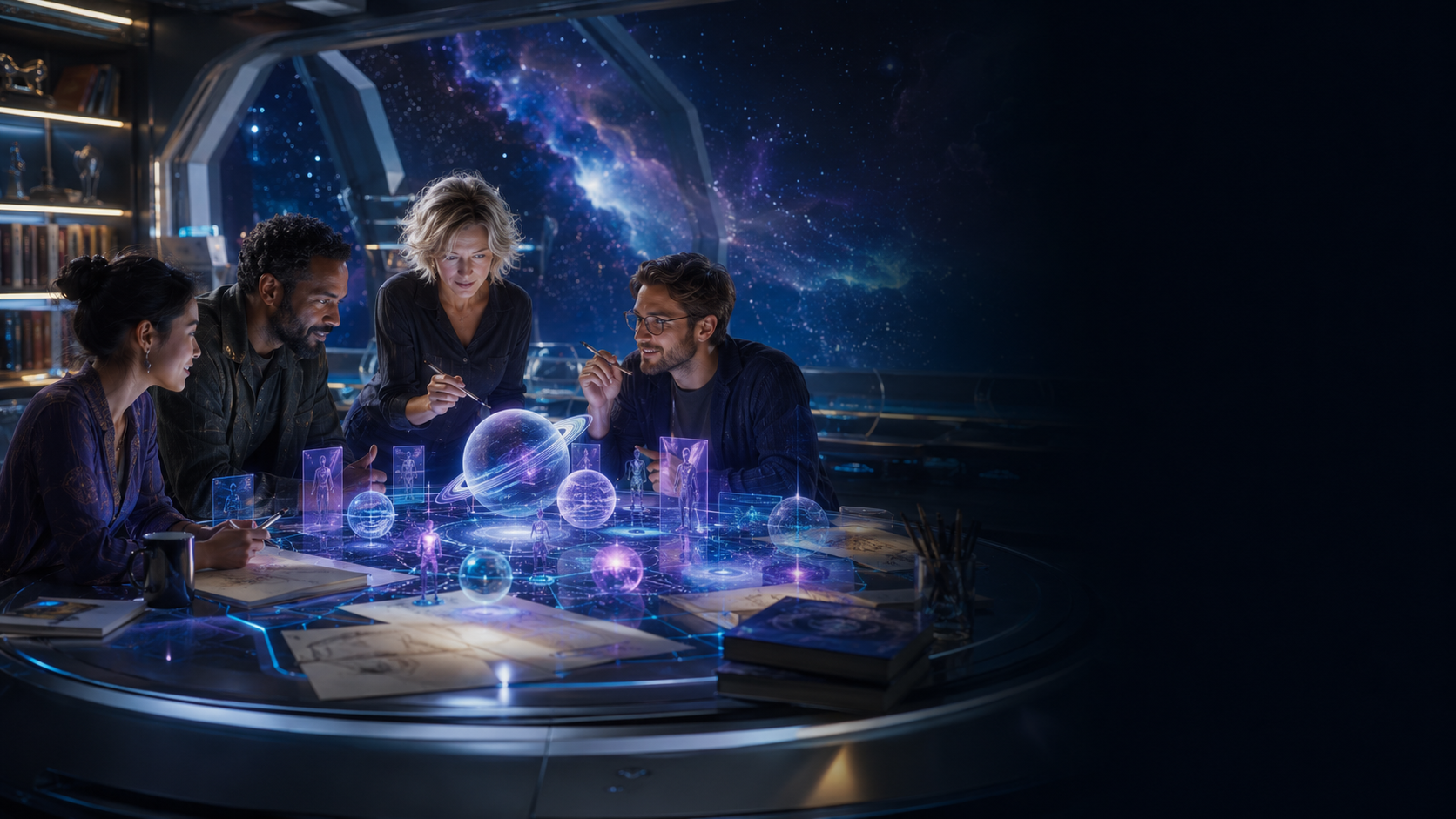 Equipo creativo colaborando sobre un universo de ciencia ficción