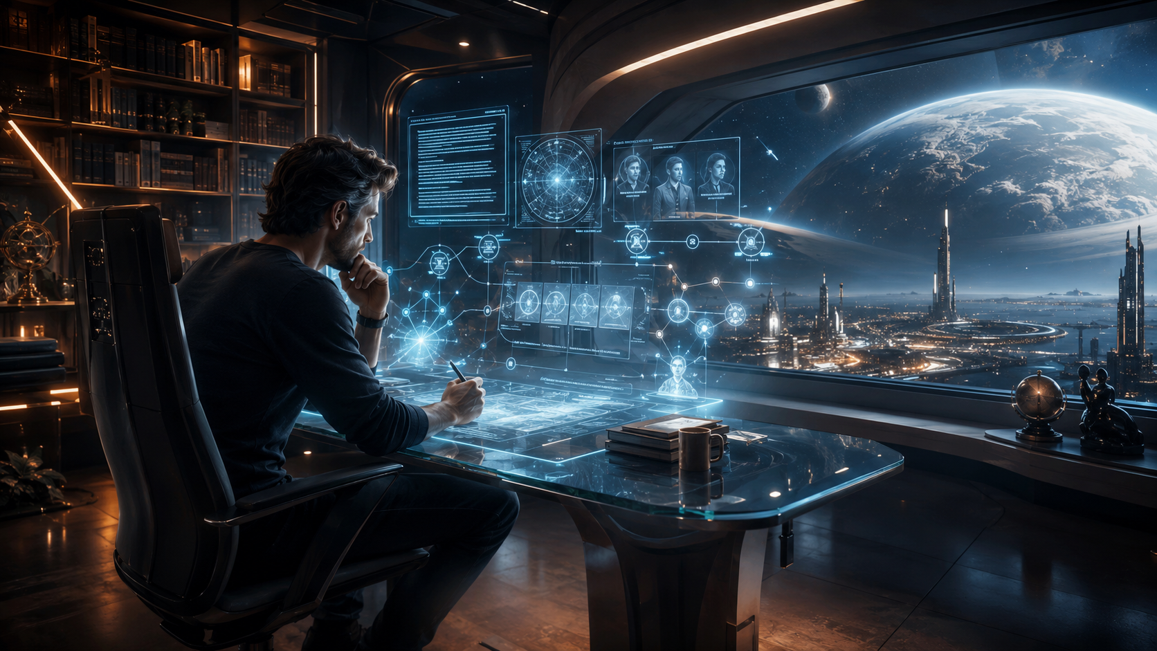 Escritor trabajando en un estudio futurista frente a un universo narrativo